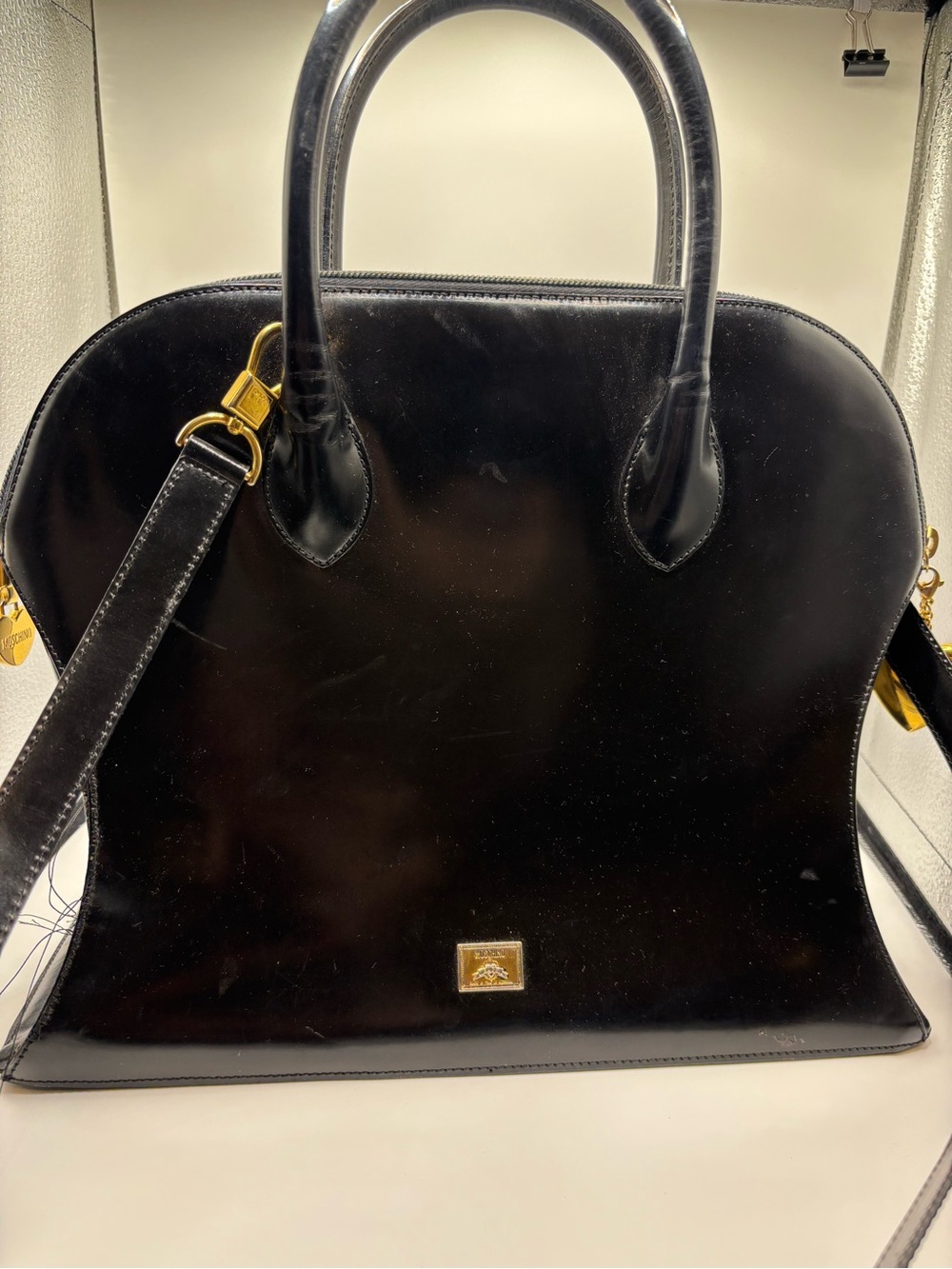 Moschino Redwall Vintage Black Leather Heart Charm Handbag